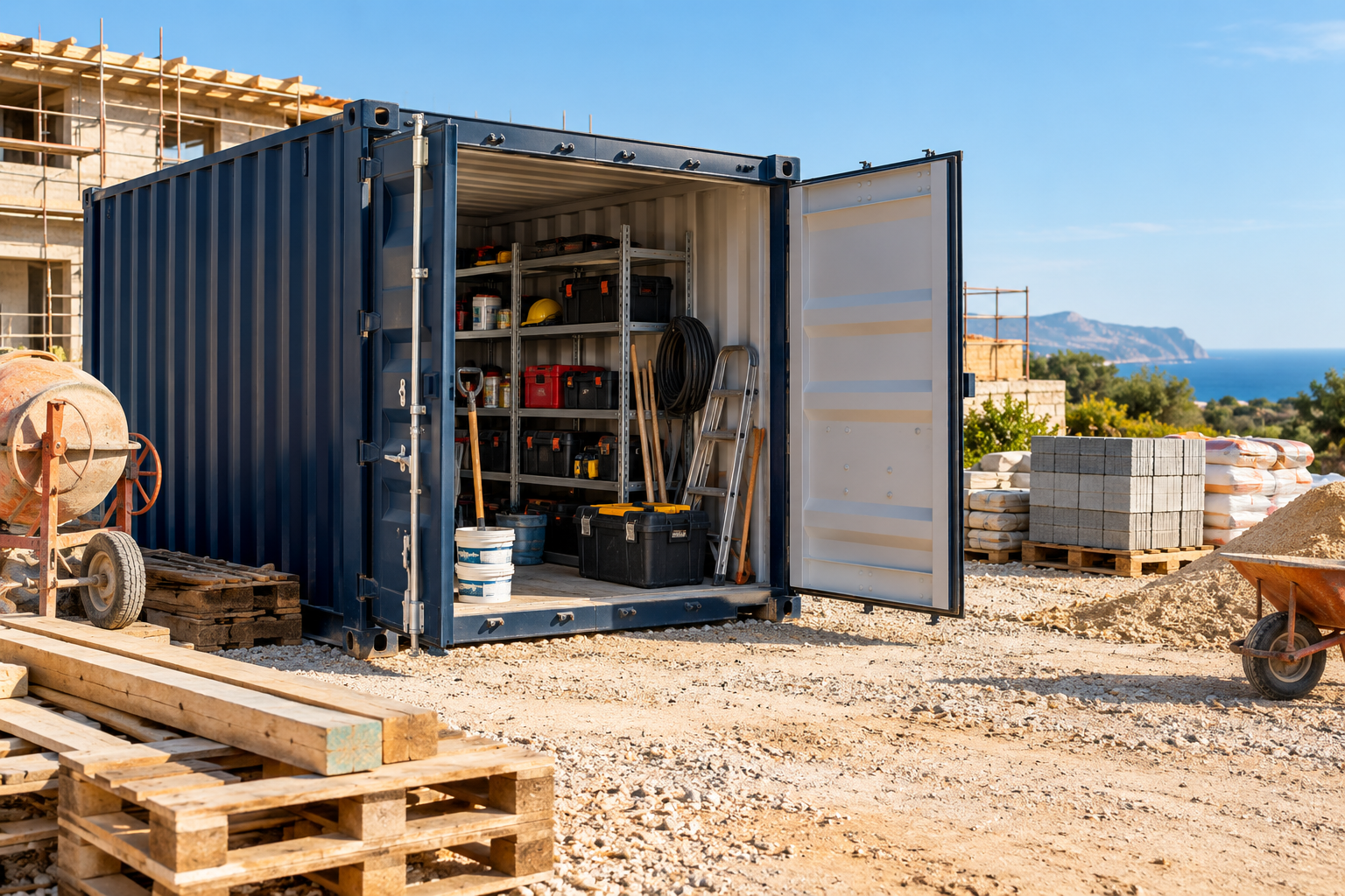 Contenedor marítimo para guardar herramientas y materiales de obra